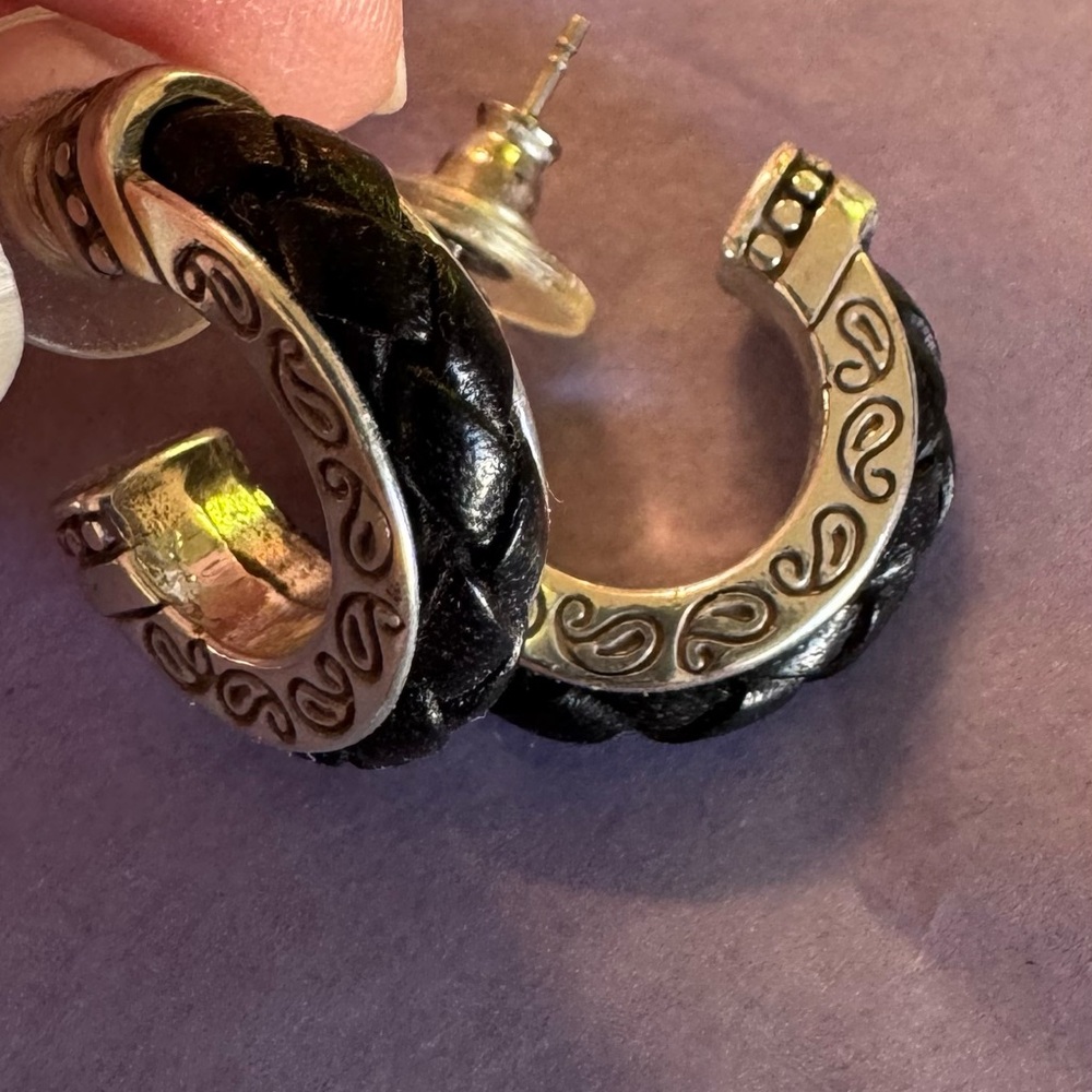 Brighton Black Braided Leather and Silver Hoop Earrings